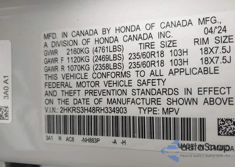 2024 Honda Cr-V Ex 2Wd из США, поврежденный, VIN 2HKRS3H48RH334903